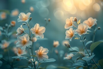 Fototapeta premium Dreamy Sunrise Over Blooming Spring Flowers: Ideal for Nature Posters and Greeting Cards