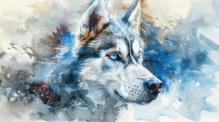 Breathtaking watercolor of a curious and energetic Siberian husky puppy set against a stunning snowy mountain landscape The puppy s piercing blue eyes soft fur and playful movement create a nostalgic