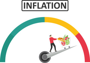 Inflation, growth of food sales, growth of market basket or consumer price index concept. Shopping basket with foods on arrow.

