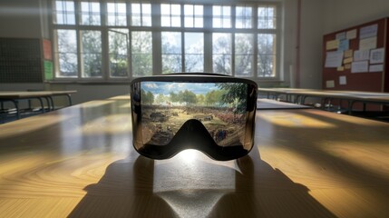 An AR headset displayed on a classroom table, projecting a virtual historical battlefield, allowing students to explore historical events in immersive detail.