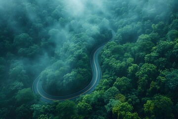 Curvy Mountain Road Surrounded by Lush Green Forest in a Misty Morning - Nature, Environmental, and Adventure Concept