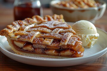 Apple Pie - A slice of apple pie with a lattice crust, served with vanilla ice cream. 