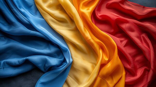 Close-up of a Romanian flag draped and textured.