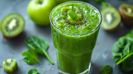 refreshing green smoothie in a glass with fresh fruits and vegetables