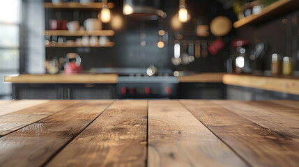 Clean wooden table surface with a blurred, modern kitchen backdrop, ideal for showcasing products,...