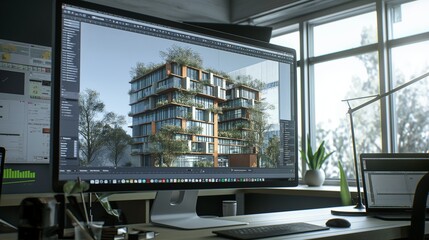 An architectural design office with CAD software on a large screen, depicting a digital model of an eco-friendly building being refined.