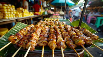 A high-angle shot of grilled pork neck skewers on a platter, with colorful market stalls in the background