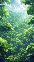 Obraz premium A minimalist digital artwork featuring a lush greenery landscape, with dense forest canopies and vibrant green foliage. The scene showcases the beauty of nature in a simplified illustration style,