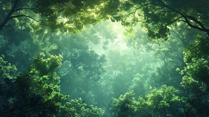 An illustration of a dense forest with a canopy of green leaves. The minimalist style emphasizes the natural beauty and peacefulness of the forest, making it suitable for a variety of stock photo