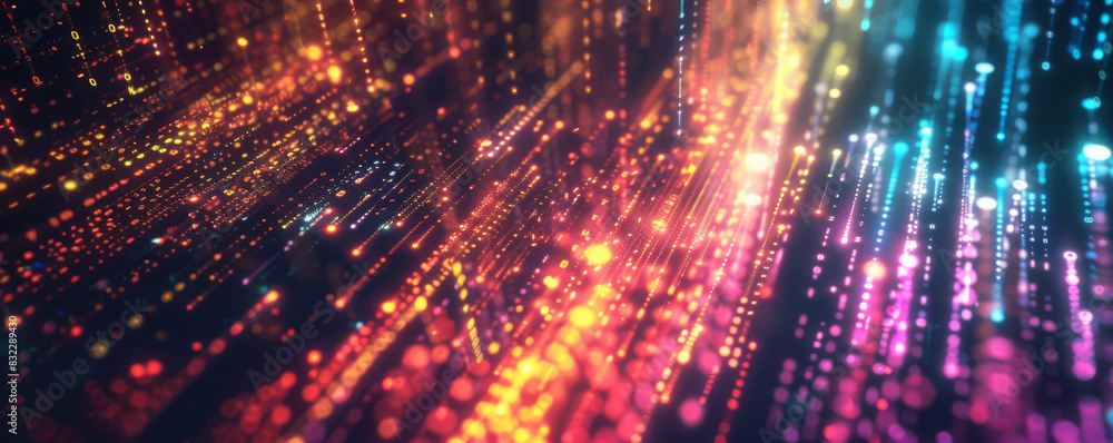 Poster abstract digital background with glowing blue and orange lines, representing data flow in the tech i