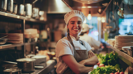 A woman chef is smiling and posing in a kitchen. She is wearing a white hat and apron. The kitchen...