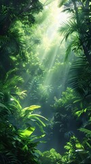 A natural greenery landscape, illustrated with simplicity and elegance. The scene features dense vegetation and a variety of green hues, perfect for a serene and inviting stock photo.