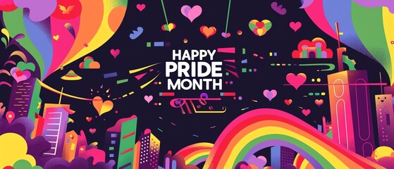 A dark purple backdrop with a colorful rainbow ribbon heart banner and "HAPPY PRIDE MONTH", surrounded by vector illustrations of dreamlike landscapes and happy communities