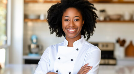 A woman chef is smiling and posing for a picture in a kitchen. She is wearing a white chef's coat and has her arms crossed. The kitchen is well-equipped with various appliances and utensils