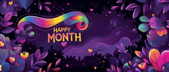 A whimsical dark purple backdrop with a rainbow ribbon heart banner and "HAPPY PRIDE MONTH", adorned with vector designs of mystical creatures and enchanted woods