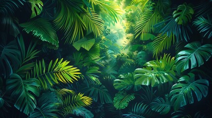 A digital illustration of a tropical forest, with dense foliage and vibrant green leaves. The minimalist style emphasizes the lush vegetation and the peacefulness of the natural environment.