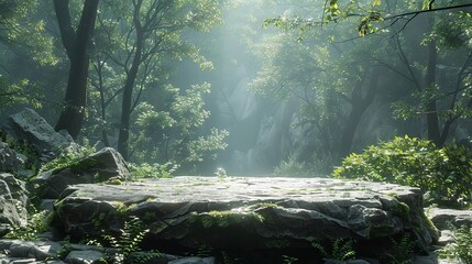 Natureinspired podium, stone texture, forest backdrop, dappled light, tranquil vibe