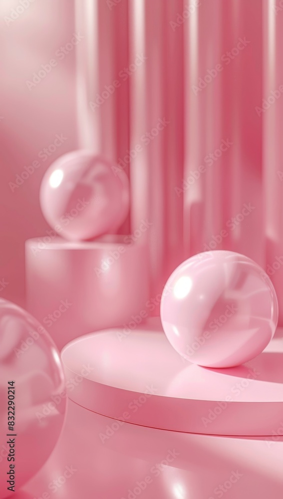 Poster pink spheres and podiums with a simple background in modern abstract style
