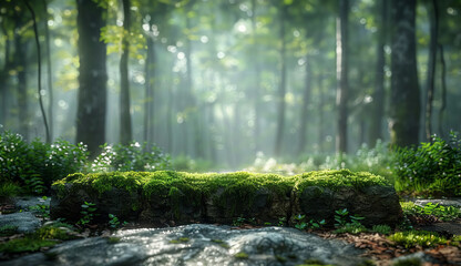 Obraz premium Natureinspired podium, moss texture, forest light, dappled light, serene atmosphere