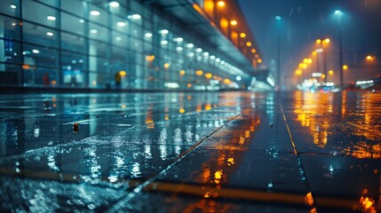 Stormy night at airport terminal with wet pavement and reflections of lights
