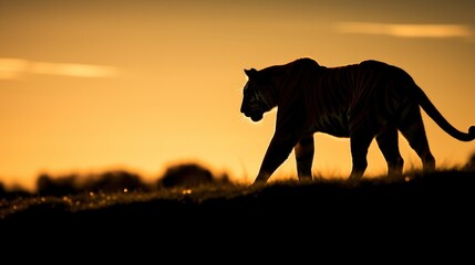 Silhouette of tiger on sunset sky.
