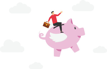 Inflation causing price rising up, overvalued stock or funds, consumer purchasing power reducing concept, coin bank tied with product price tag flying high rising up in the sky.

