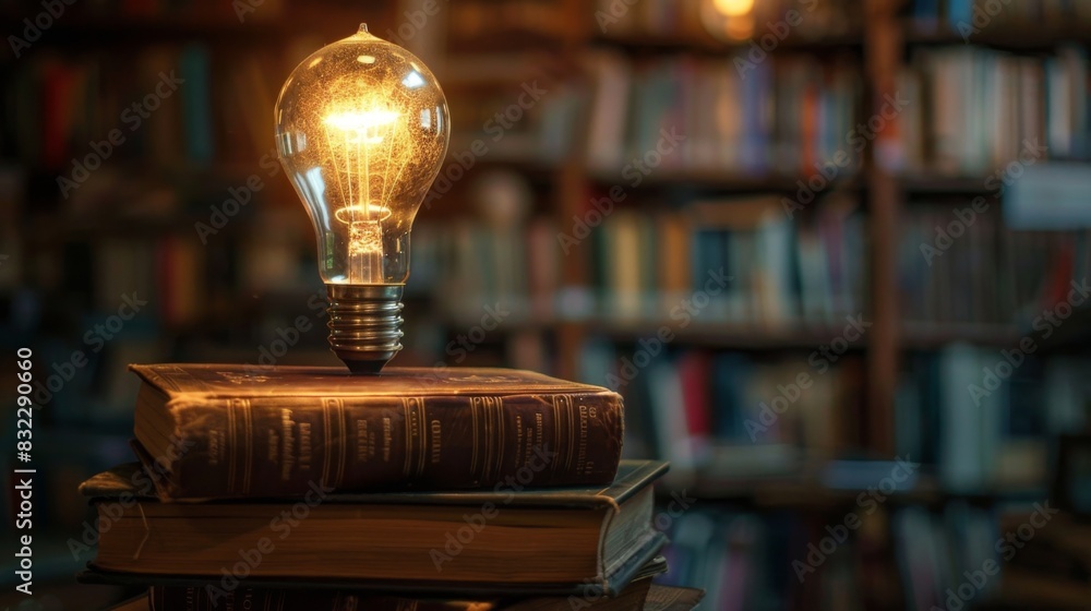 Aufkleber A light bulb on a stack of books, representing knowledge and enlightenment