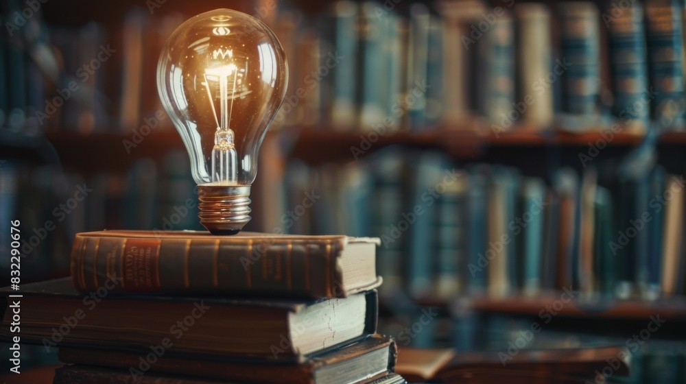 Poster A light bulb on a stack of books, representing knowledge and enlightenment