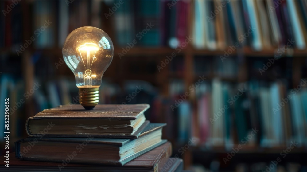 Aufkleber A light bulb on a stack of books, representing knowledge and enlightenment