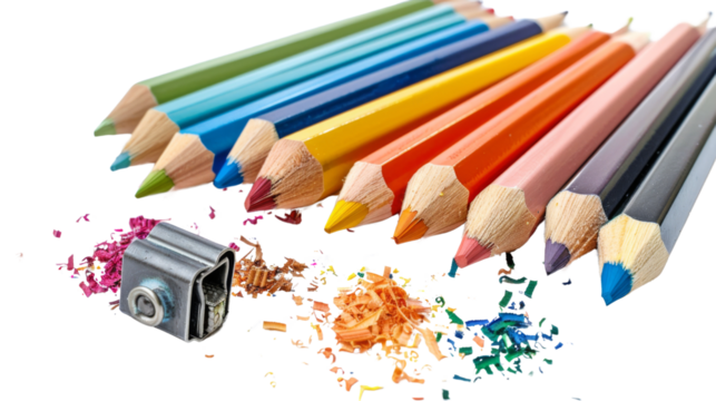 Set of colored pencils of different colors and a sharpener 