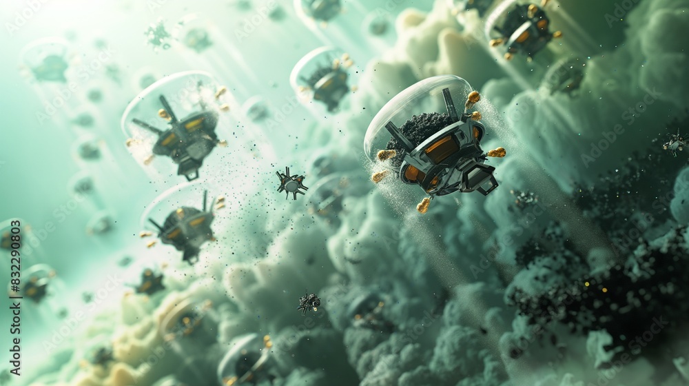 Poster a conceptual image of nano-robots cleaning atmospheric pollutants, depicted as tiny bots filtering o