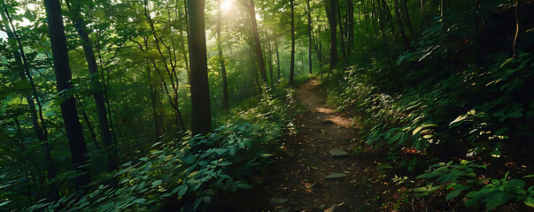 Obraz premium scenic hiking trail through a dense forest with sunlight filtering through the trees