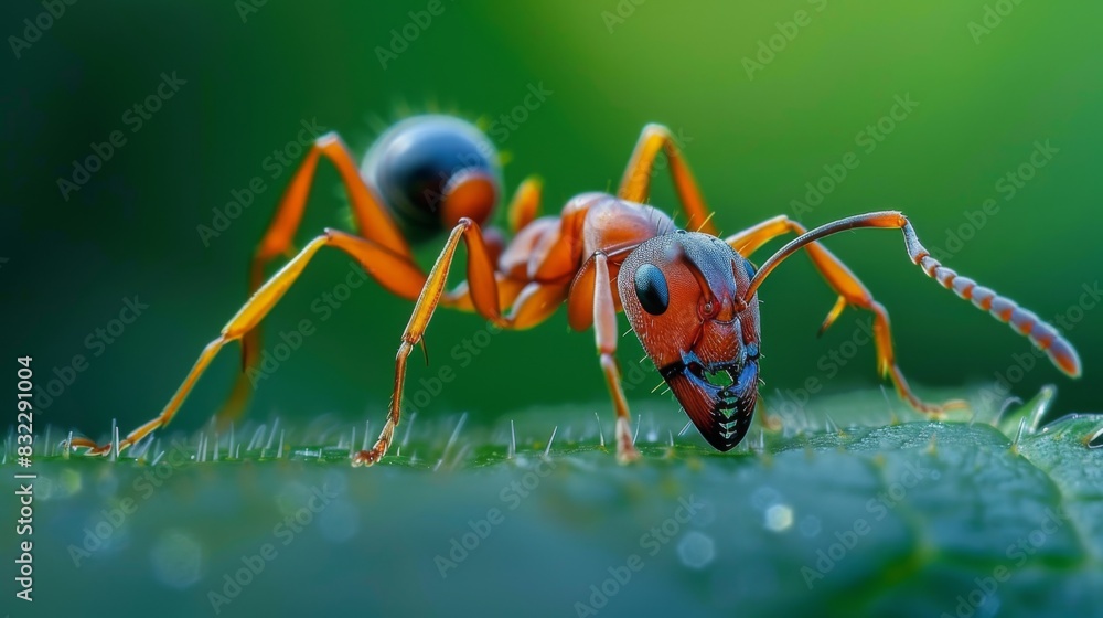 Poster a macro shot of a single ant on a green leaf, highlighting the intricate details of its body and ant