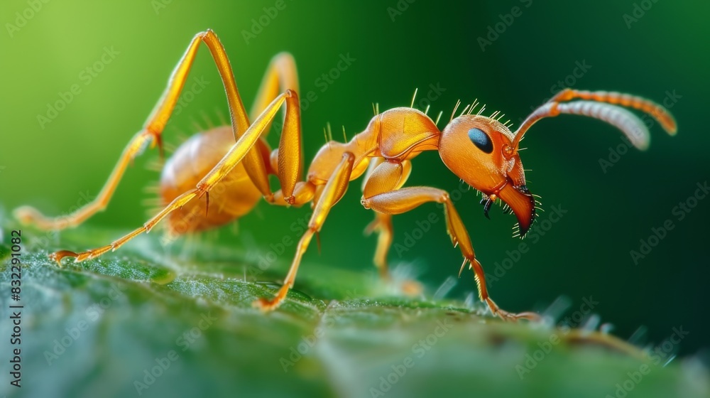 Poster a macro shot of a single ant on a green leaf, highlighting the intricate details of its body and ant