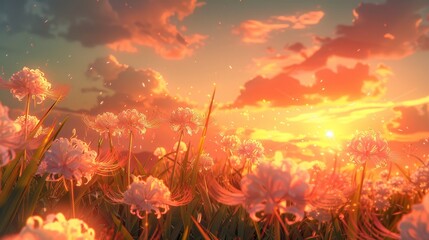 12a A beautiful bunch of spider lilies blowing in the wind, framed by a captivating sunset sky