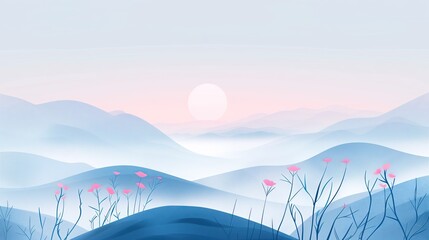 Image states of inner peace and meditation through landscapes or simple compositions. which is characterized by soft pastel tones such as light blue, light pink and smooth curves of hills calm water s