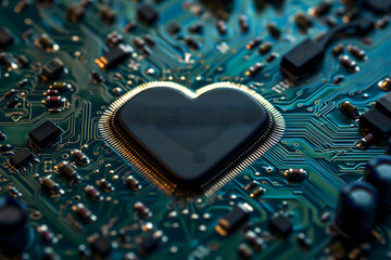 Heart-shaped microchip on green circuit board. Neural network generated image. Not based on any actual person or scene.