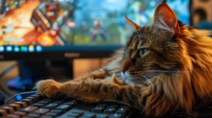 A Maine Coon cat lying across a keyboard, with the monitor showing a paused video game on the screen