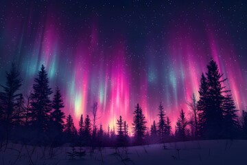 Stunning Winter Northern Lights Display in a Forest Night Sky with Vibrant Colors