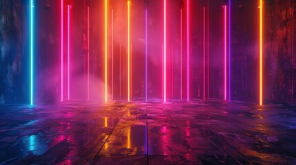 photograph A stage with neon lights of various colors in an abstract background