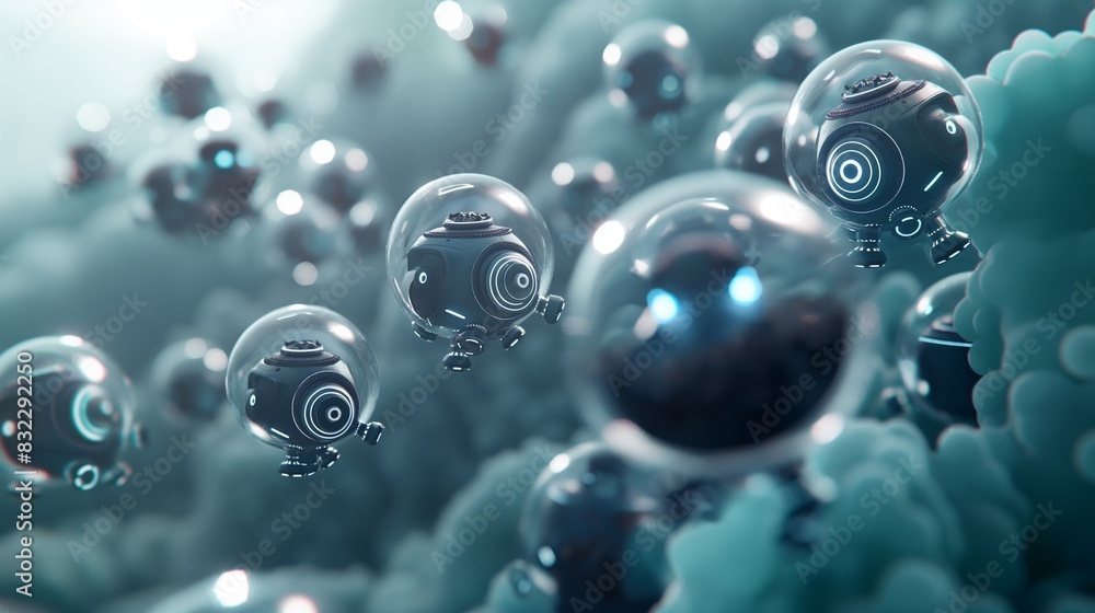 Poster a conceptual image of nano-robots cleaning atmospheric pollutants, depicted as tiny bots filtering o