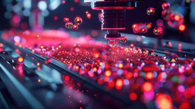 An artistic rendering of a quantum dot display fabrication process, showing the precise placement of quantum dots for high-resolution screens.