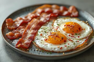 Bacon and Eggs - Crispy bacon and sunny-side-up eggs on a plate. 