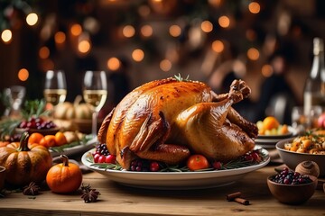 Festive baked turkey on the table, Thanksgiving concept.