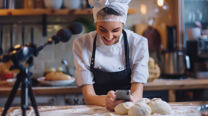 Female pastry chef smiling as she kneads dough, with her mobile phone on a tripod recording every step, creating engaging content for her baking vlog.