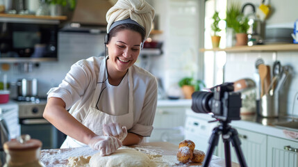 Female pastry chef smiling as she kneads dough, with her mobile phone on a tripod recording every step, creating engaging content for her baking vlog.