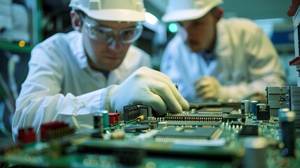 Two colleagues discussing over motherboard in electronics factory