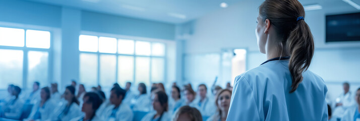 Confident female healthcare professional stands looking at an audience during a medical conference
