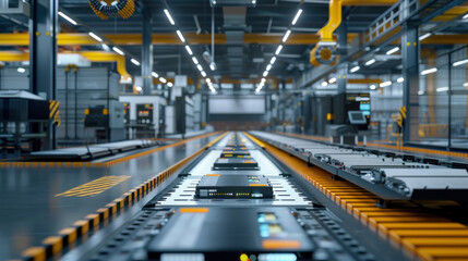 Fototapeta premium Industrial scene of a high-tech factory producing lithium-ion battery modules for EVs and hybrid cars, illustrating the efficiency and scale of modern battery manufacturing.