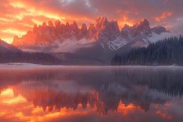 Fototapeta premium Stunning Alpine Sunset Over Snowy Mountains and Serene Lake for Nature and Landscape Photography Prints